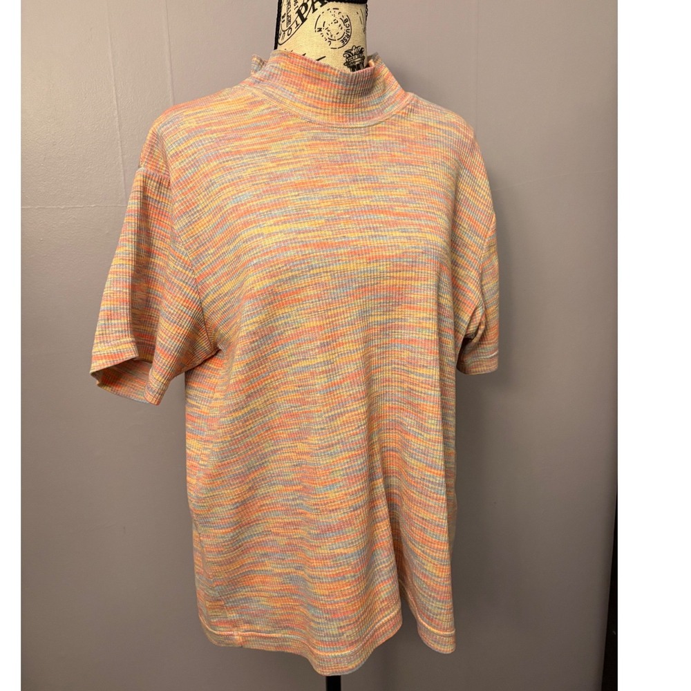 VTG 90s Venezia‎ Jeans Space Dye Mock Neck Ribbed Knit Short Sleeve Top 14/16